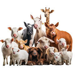 Diverse farm animals gathered together for a photo