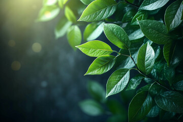 Fototapeta premium Close-up of green leaves on a dark gray background with copy space