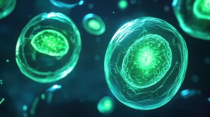 Naklejka premium Green glowing cells under microscope reveal the intricate beauty of microscopic life, symbolizing the delicate balance and complexity of biological processes in nature.