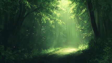 Obraz premium Serene Forest Path Sunlight Illuminates Green Canopy
