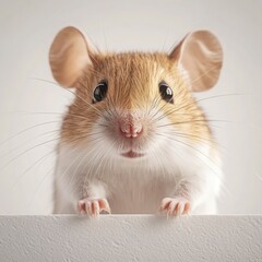 Obraz premium Cute mouse peeking over a white surface in a softly lit environment