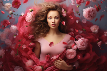 Fototapeta premium Woman surrounded by falling rose flowers. International Women's Day.