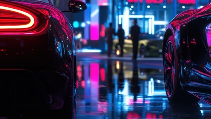 Vibrant urban nightlife featuring glossy sports cars and neon lights on a rainy evening