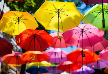 Colorful umbrellas hanging in the air, creating a vibrant and whimsical display
