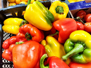 Colorful assortment of bell peppers displayed at a local market during the day