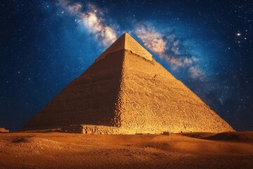 striking nighttime scene of the great pyramid of giza illuminated under a stunning starry sky with the milky way arching gracefully overhead creating a mystical atmosphere