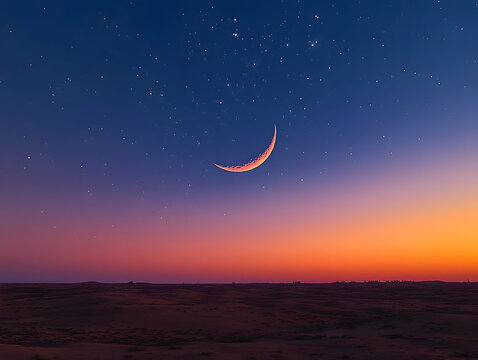 Crescent moon and stars over a tranquil landscape at sunset.