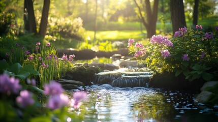 Naklejka premium Tranquil Garden with Blooming Flowers