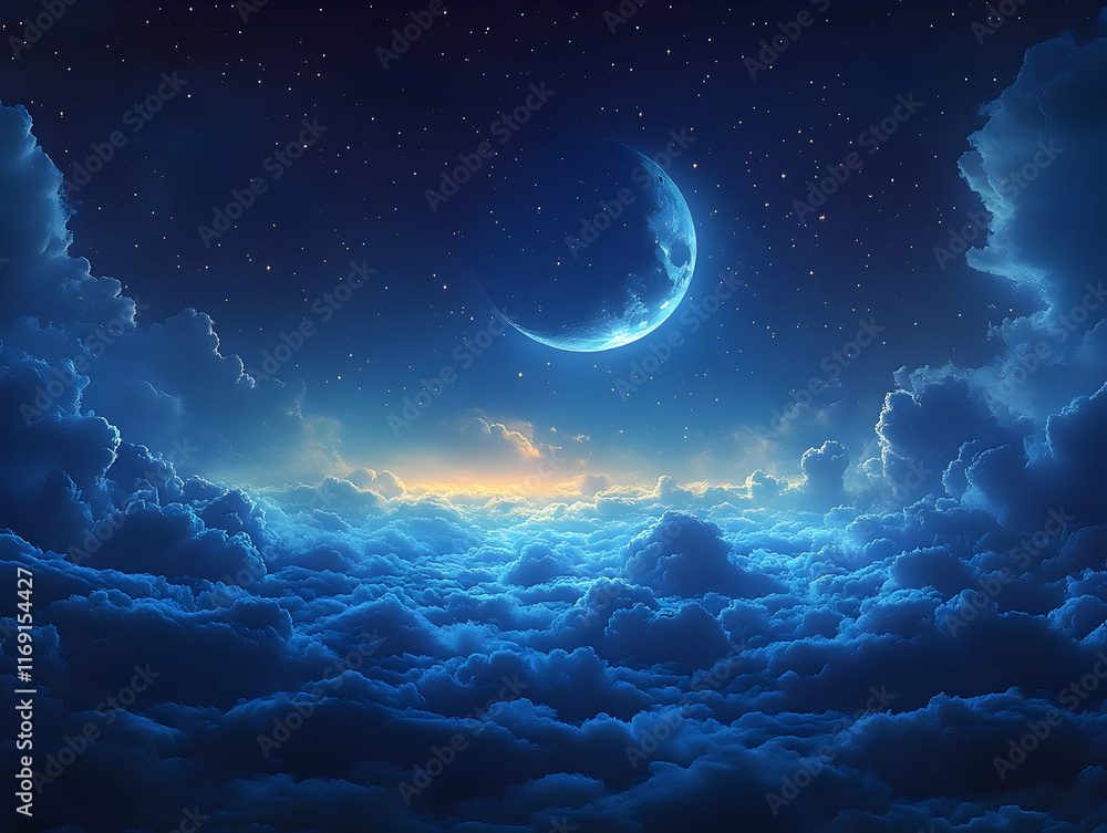 Wall mural crescent moon above a sea of clouds at night.
