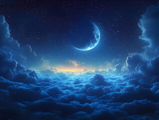 Crescent moon above a sea of clouds at night.