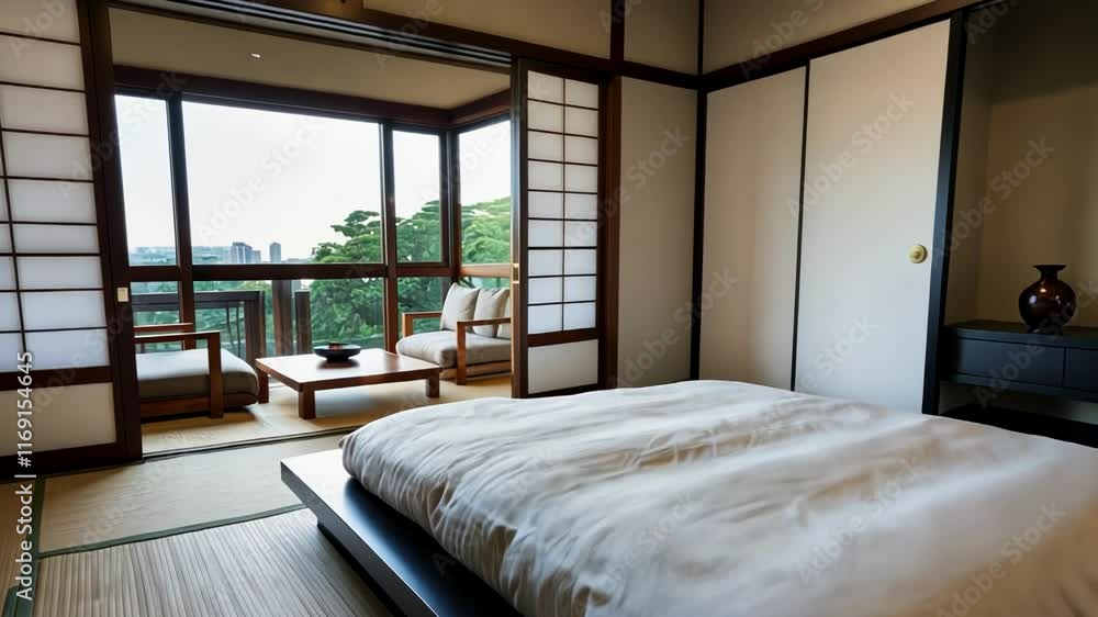Poster a minimalist bedroom showcases a tranquil view through large windows, emphasizing relaxation and har