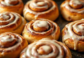 Freshly baked cinnamon rolls with a creamy glaze, arranged on a dark baking tray