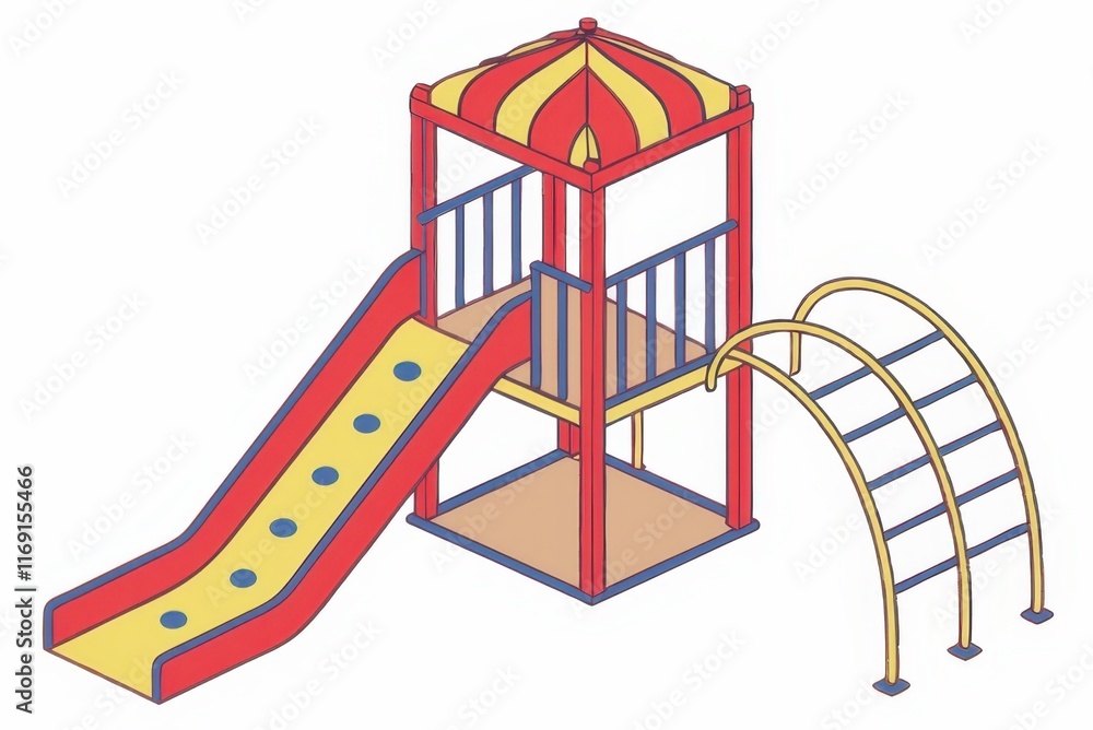 Poster a colorful playground structure featuring a slide, climbing frame, and a canopy, designed for childr