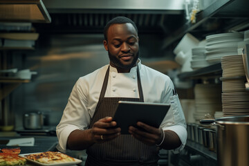 Chef using tablet to enhance culinary skills in a pristine kitchen environment with delicious dishes prepared