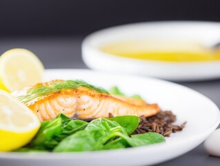 A detailed close-up of a pan-seared salmon filet, served on a bed of wild rice and sautéed spinach, garnished with lemon wedges and dill. The dish is plated on a white ceramic plate with a drizzle 