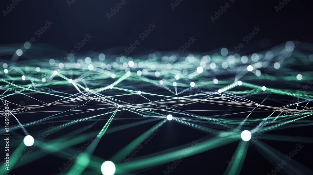 Poster a high-tech digital network with glowing white and green lines streaming across a deep black backgro