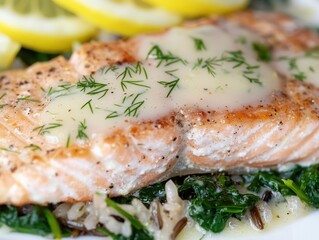 A detailed close-up of a pan-seared salmon filet, served on a bed of wild rice and sautéed spinach, garnished with lemon wedges and dill. The dish is plated on a white ceramic plate with a drizzle 