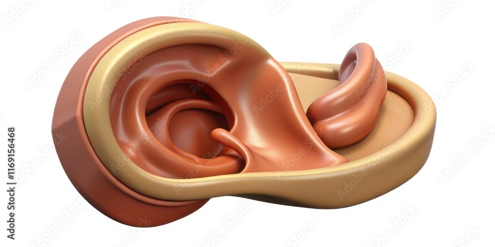 Poster a 3d rendering of a human ear, showcasing its anatomical structure and intricate features.