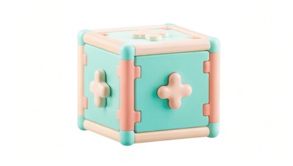 A colorful, playful building block cube designed for children, featuring soft edges and engaging textures for sensory play.
