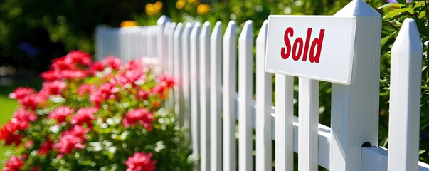 A white picket fence with a "Sold" sign, surrounded by vibrant flowers, indicating a property sale in a bright, sunny setting.