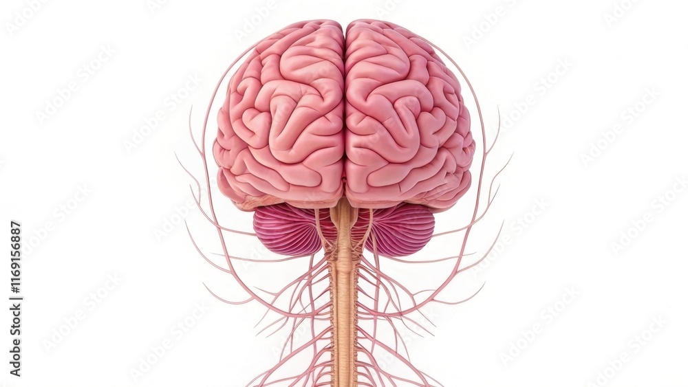 Poster an anatomical illustration of the human brain, showcasing its structure alongside spinal nerves, emp