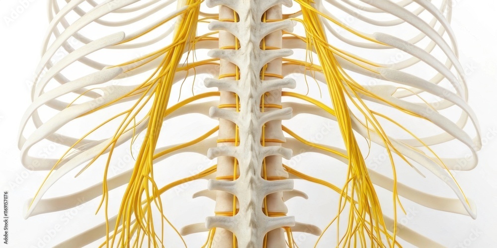 Poster anatomical model showcasing the human spine and associated nerves, emphasizing the intricate connect