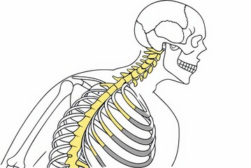 A skeletal illustration showing the human spine and skull, with highlighted vertebrae in yellow, emphasizing anatomical structure and alignment.
