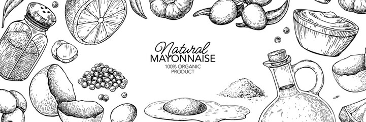 Mayonnaise sauce vector label drawing. Organic homemade mayo cream ingredients sketch.