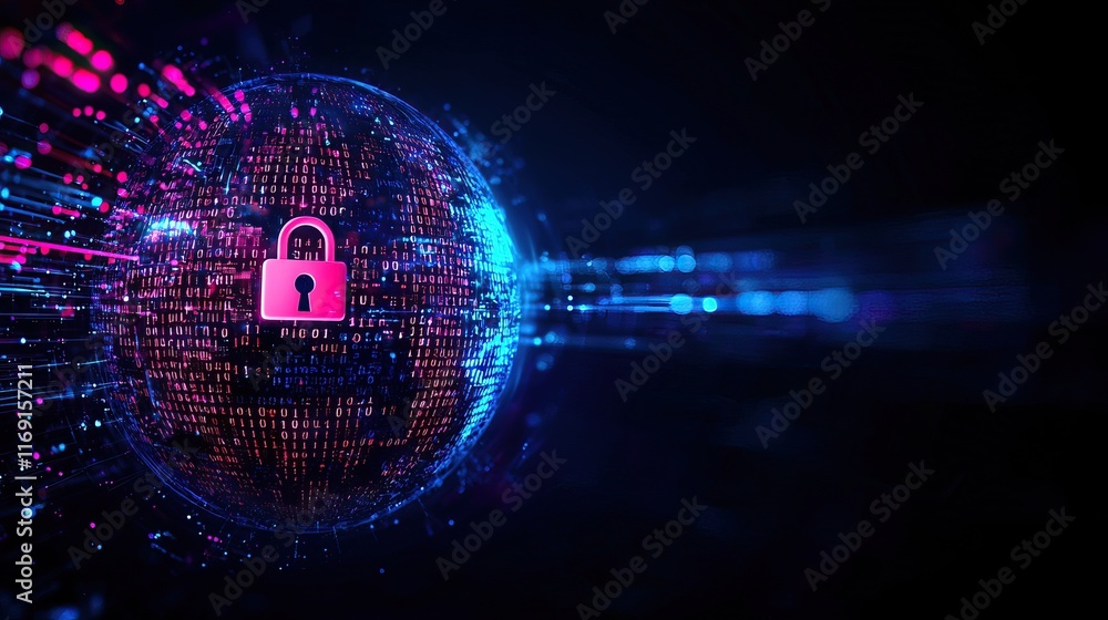 Poster a digital globe surrounded by vibrant data streams features a pink padlock at its center, symbolizin