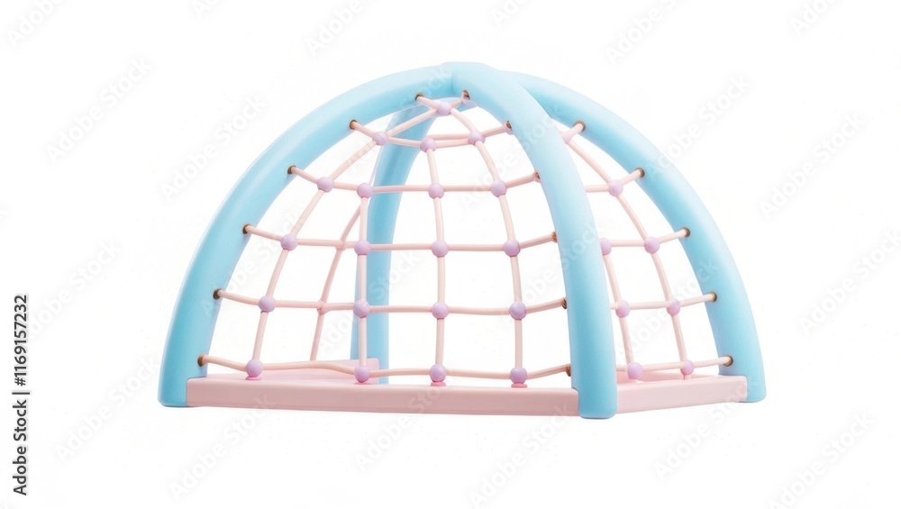 Poster a colorful, inflatable play structure designed for children, featuring a dome shape with a netted de