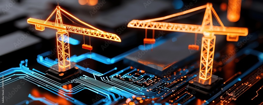 Poster a digital circuit with glowing cranes symbolizes construction and technology integration, showcasing