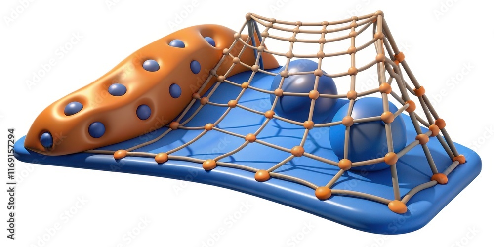 Poster a colorful play structure featuring a soft, wavy surface with climbing nets and balls, designed for 