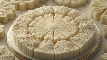 Ornate white dessert slices on a gold stand.