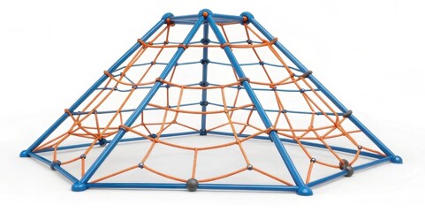 A colorful playground climbing frame designed in a pyramid shape, featuring a sturdy structure with mesh-like webbing for children to climb and play.