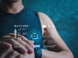 Medical technology and futuristic concept.AI-powered holographic medical interface, displaying a 3D human anatomy model, vital organs, and health metrics for advanced analysis and diagnostics.