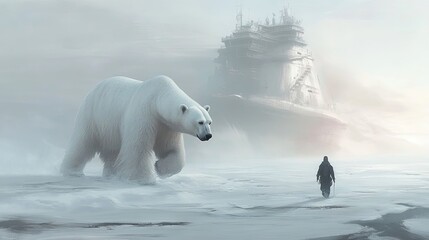 Fototapeta premium Polar Bear Person Ship Foggy Arctic Landscape