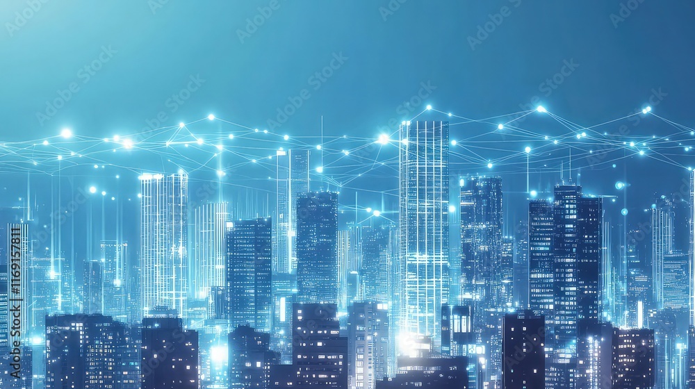 Poster a high-tech urban cityscape with bright white and blue lights illuminating sleek skyscrapers. data s