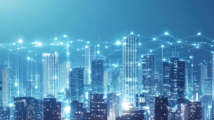 Obraz premium Digital connections overlay a modern cityscape suggesting global data network and infrastructure.