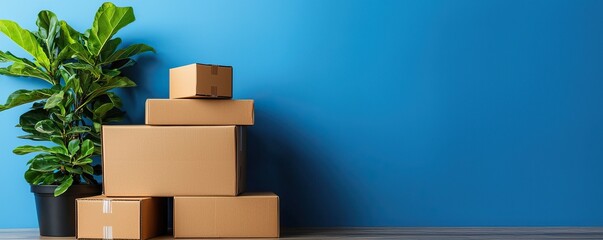 A stack of cardboard boxes beside a green plant against a vibrant blue wall, creating a modern and organized atmosphere.
