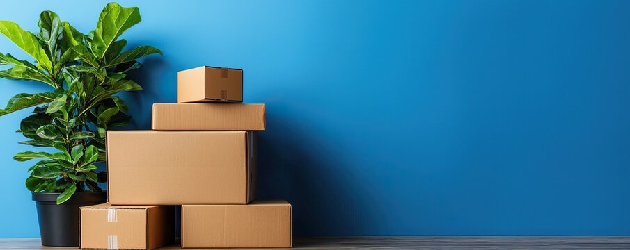 A stack of cardboard boxes beside a green plant against a vibrant blue wall, creating a modern and organized atmosphere.
