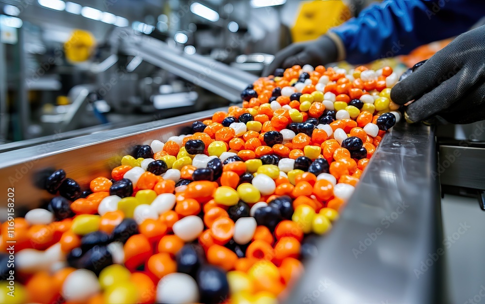 Poster a vibrant array of colorful candies flows along a conveyor belt, showcasing a production line in a f