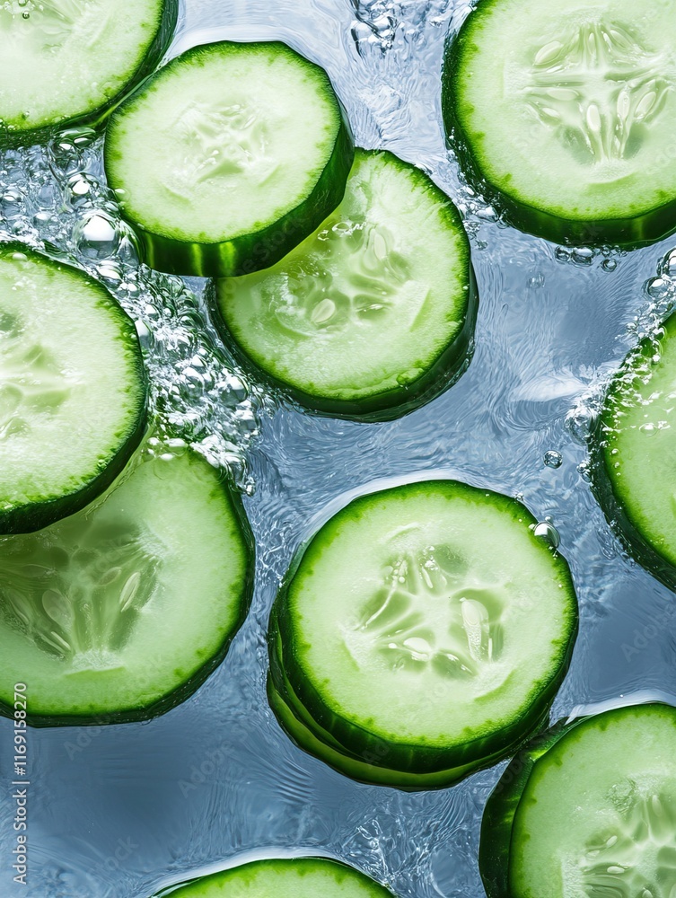 Poster fresh cucumber slices float in clear water, creating a refreshing and vibrant visual.