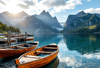 Obraz premium Wooden boats docked on a calm lake with mountains in the background