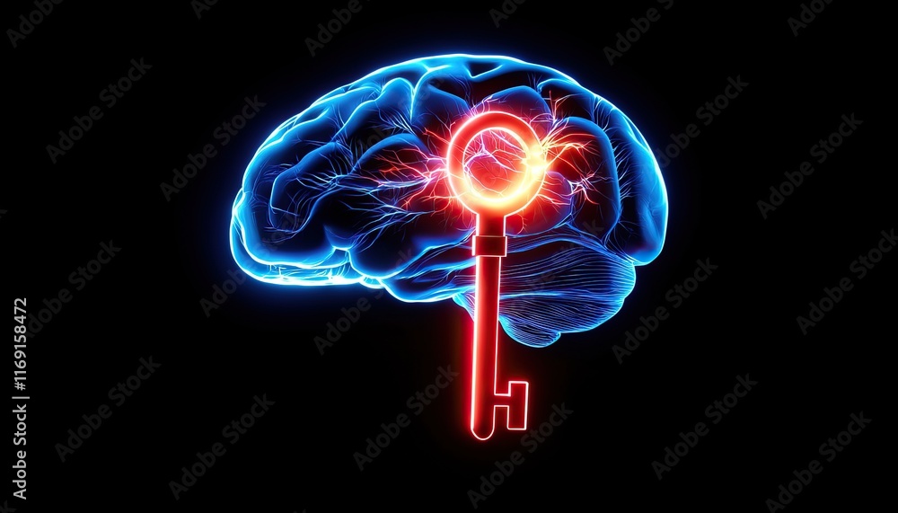 Poster a glowing brain with a key symbol, representing the unlocking of knowledge or ideas.