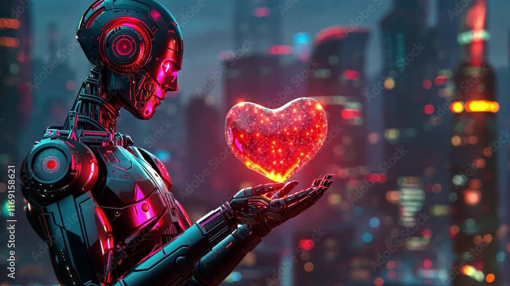 Poster a futuristic ai robot delicately cradles a shimmering heart in its hands, set against a vibrant city