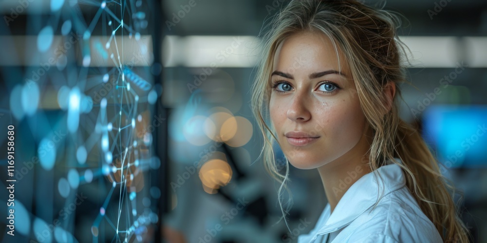 Poster scientist using a microscope to analyze glowing digital circuitry with vibrant futuristic visuals in
