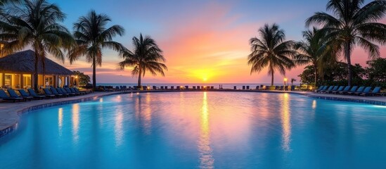 Obraz premium Stunning sunset over a resort pool with palm trees and ocean views.