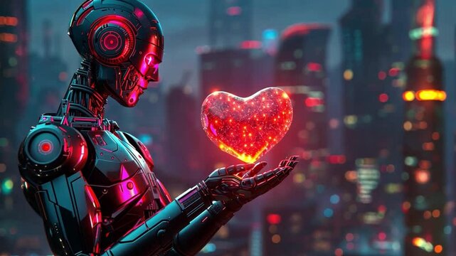 A futuristic ai robot delicately cradles a shimmering heart in its hands, set against a vibrant city backdrop illuminated by neon lights during twilight.