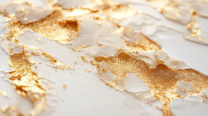 Pieces flakes of gold foil on white background. Festive background with gold glitter and golden foil for celebration. Background with glowing golden particles