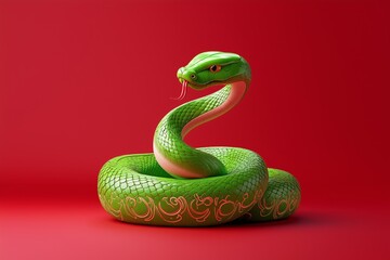 Fototapeta premium Green snake among golden coins and flowers on red background, symbol of 2025 year